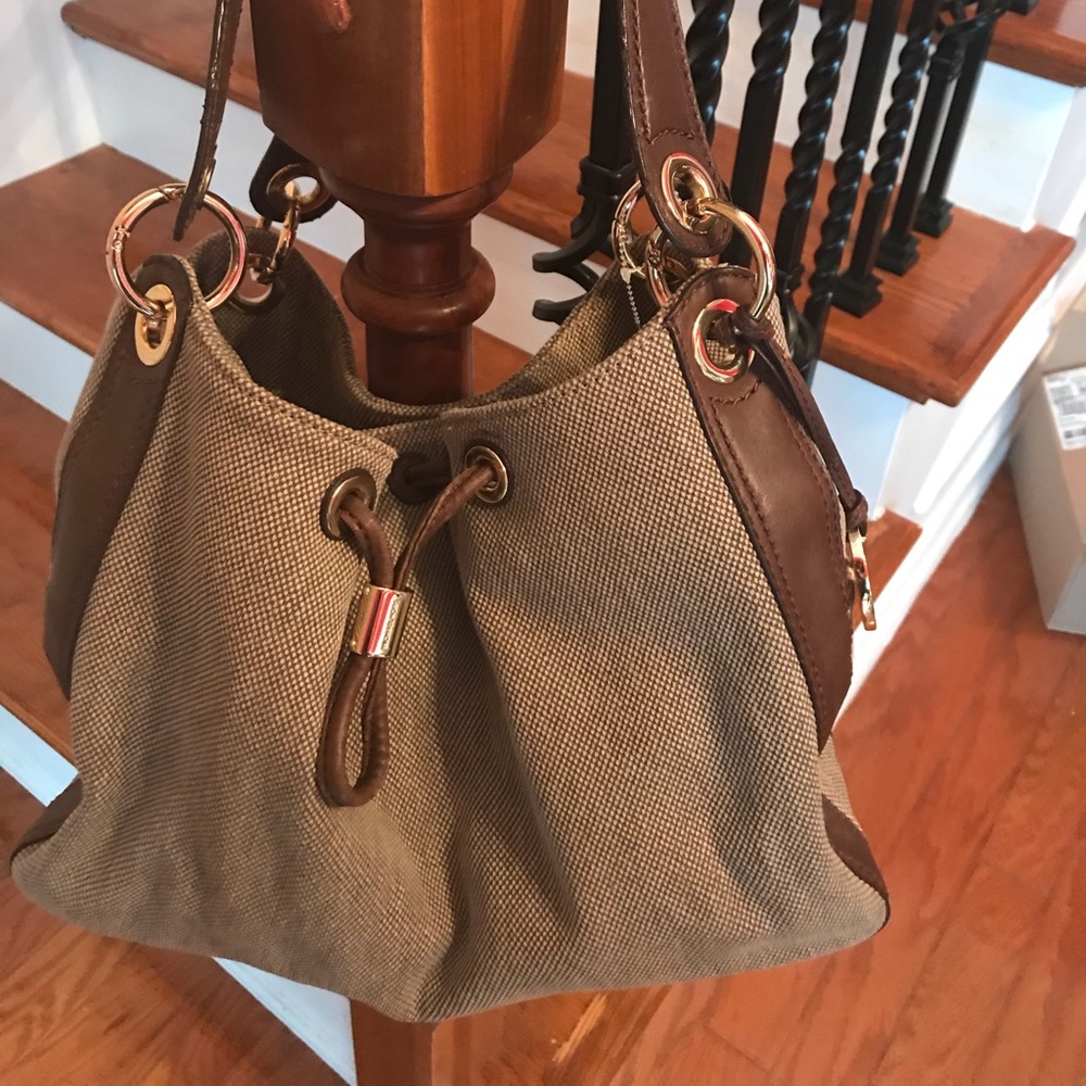 SOLD—Brown and Beige Michael Kors handbag.